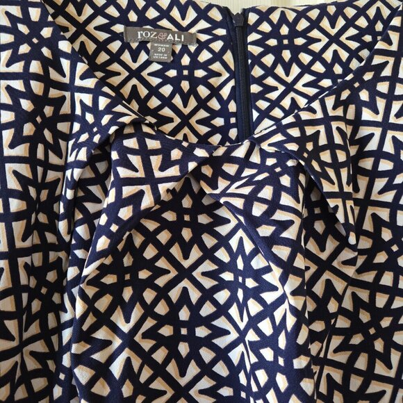 Roz & Ali Navy Blue Tan White Geometric Sleeveless A-Line Midi Dress Sz 20 - Picture 3 of 13